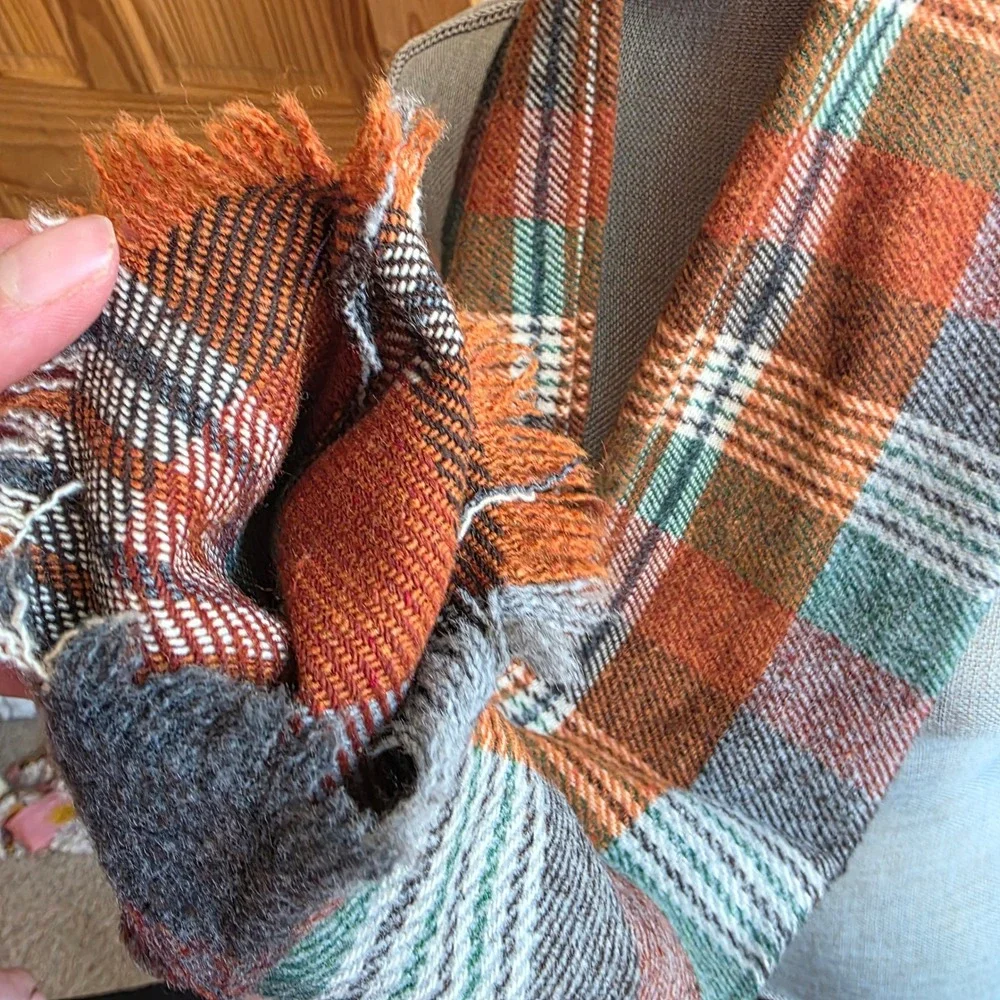 Vintage Plaid Scarf Mens Burnt Orange Green Grey Check Frayed Edge Autumn Winter
